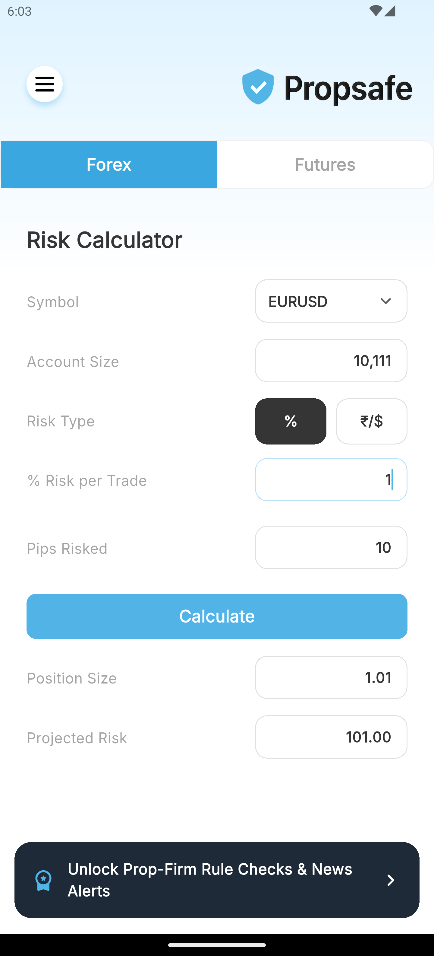 Propsafe Forex risk calculator screen