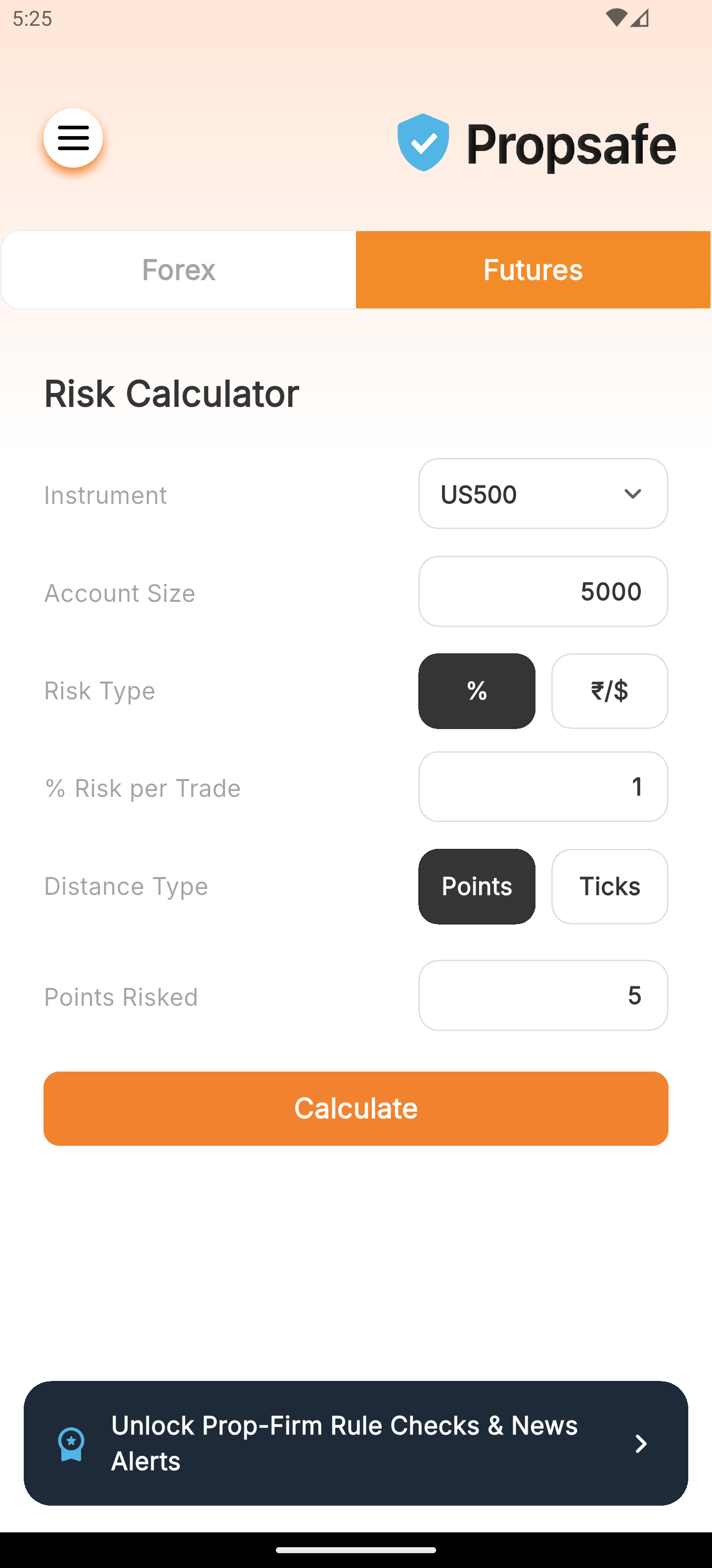 Propsafe Futures risk calculator screen