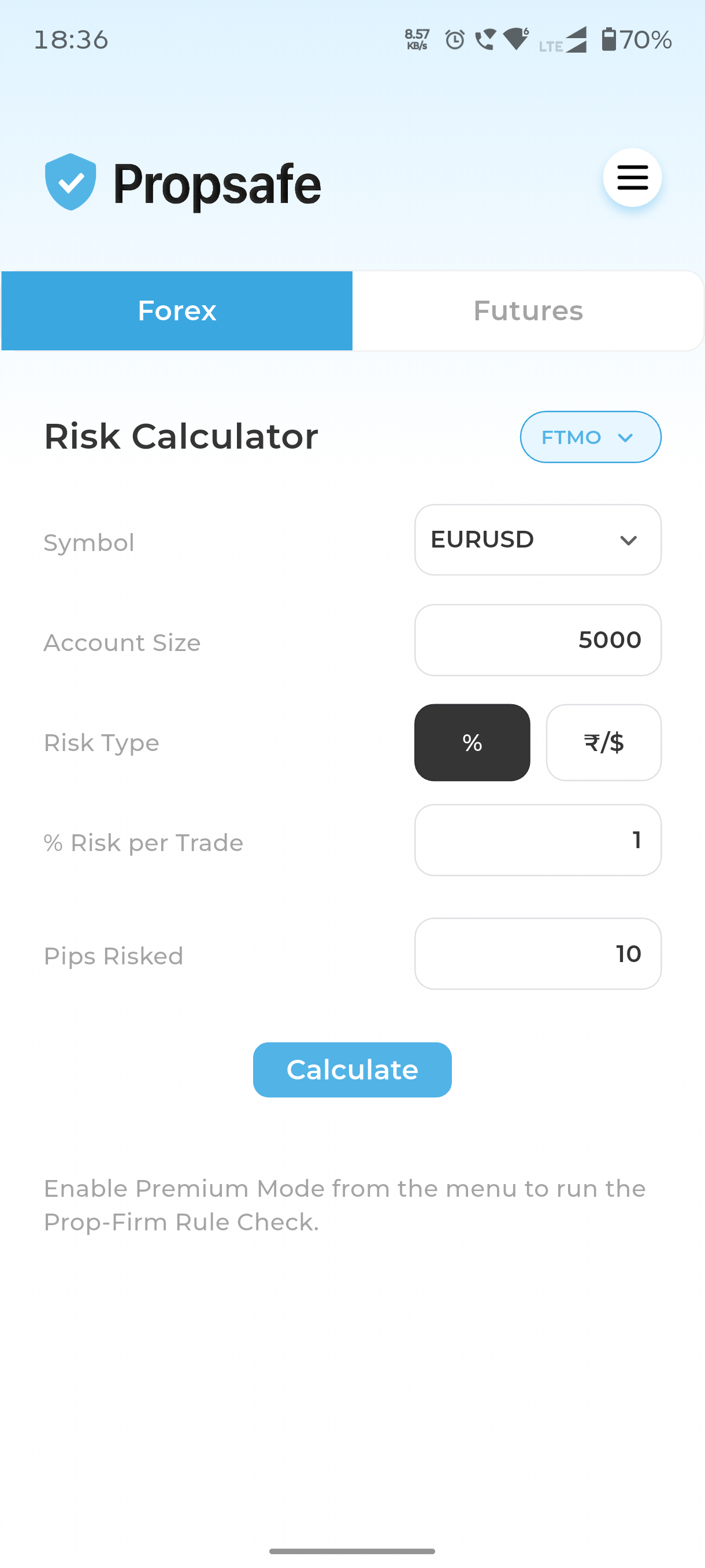 Propsafe Forex risk calculator screen