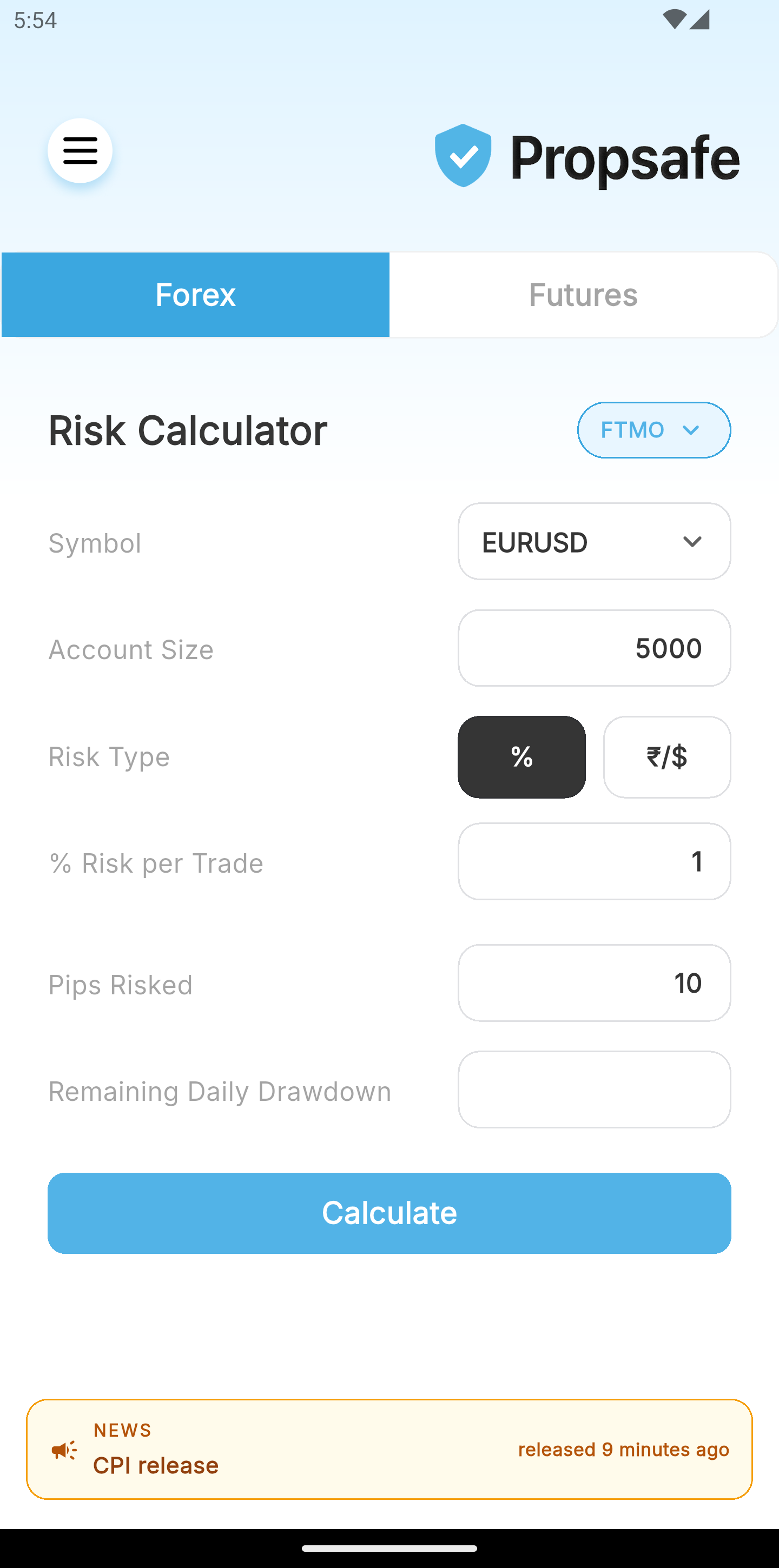 Propsafe High-Impact News Alert screen